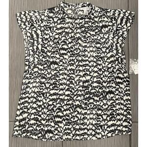Nine West Women’s Mockneck Cascade Sleeve Popover Top Black/White Medium NWT